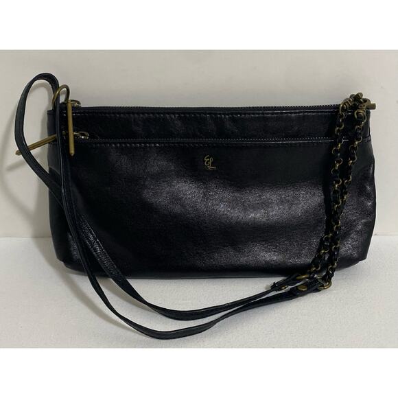 Elliott Lucca Leather Handbag Black Purse Chain Accents Neutral Slim Clutch - Picture 9 of 14